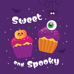 Halloween poster with cupcakes, a pumpkin, and an eyeball on a purple background