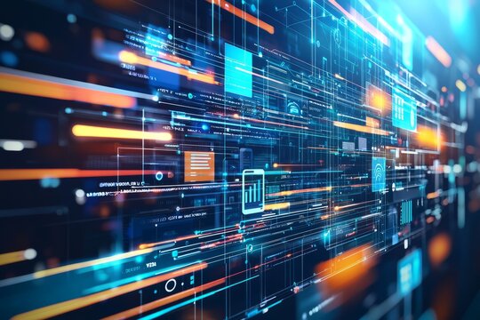 A cross-platform integration concept featuring synchronized business applications and data. The scene includes a central control panel managing interactions between different software platforms, Gener