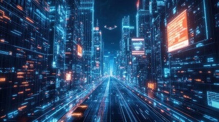 Obraz premium Futuristic cityscape with glowing data streams and high-tech elements.