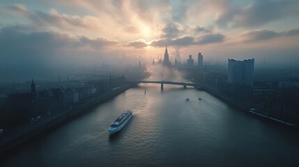A breathtaking aerial shot of Hamburg, showcasing the city's skyline with modern
