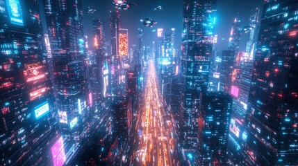 Fototapeta premium A vibrant, futuristic cityscape illuminated by neon lights and bustling with activity.
