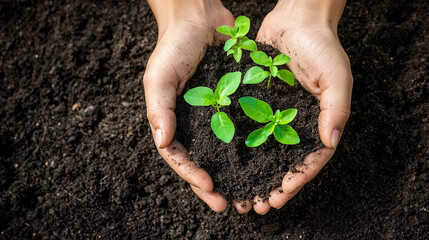 Hands nurturing a young plant in the soil, symbolizing growth, care, and connection to nature