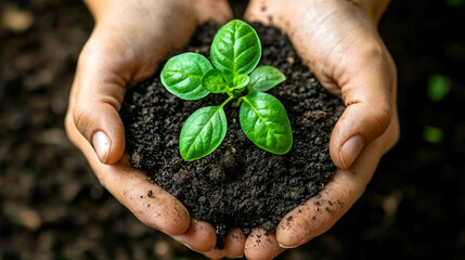 Hands nurturing a young plant in the soil, symbolizing growth, care, and connection to nature