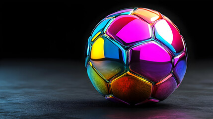 Fototapeta premium A Shiny, Multicolored, Metallic Sphere With Geometric Facets, Reflecting Light and Casting Shadows on a Dark Surface