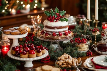 Fototapeta premium Festive Christmas Dessert Table with Cakes, Cookies, and Holiday Decor for Seasonal Celebrations
