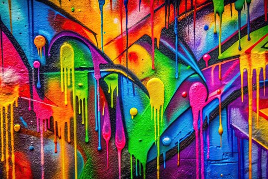 Close-Up Colorful graffiti art abstract background with spray paint drips stencils bold lettering textured wall