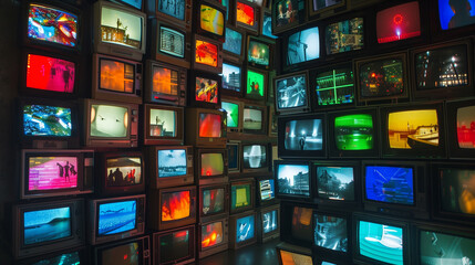 Wall of televisions displaying various colorful broadcasts.