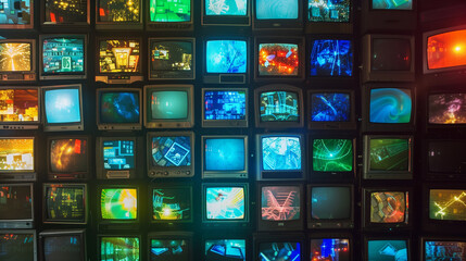 Wall of televisions displaying various colorful broadcasts.