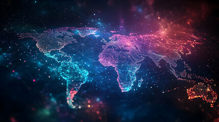 A World Map Constructed with Luminous Points and Lines Displaying the Interconnectedness of the Globe