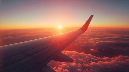 Airplane wing with sunset clouds.