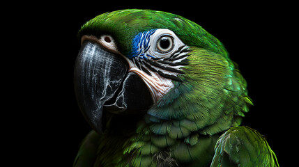 Obraz premium Close-up portrait of a green macaw parrot with a black beak and blue markings.