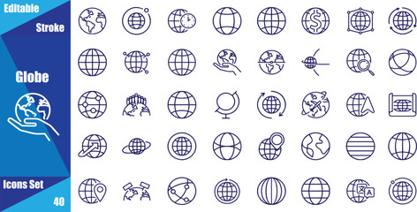 Globe and planet related editable stroke outline icons set isolated on white background flat vector illustration.