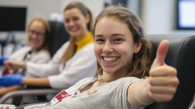 A donor giving a thumbs-up after completing their blood donation, with medical staff