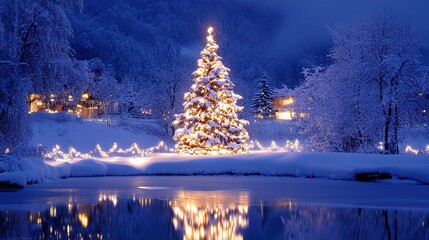 snowy shining Christmas tree on the shore of a lake with snow-covered trees