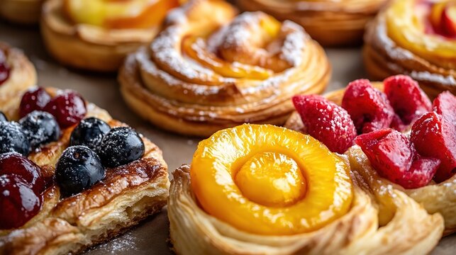 Delicately Crafted Danish Pastries Showcased with Assorted Fruits, Perfect for a Bakery Display or Breakfast Table. Danish Pastry, Fruit, Bakery, and Breakfast Concepts.
