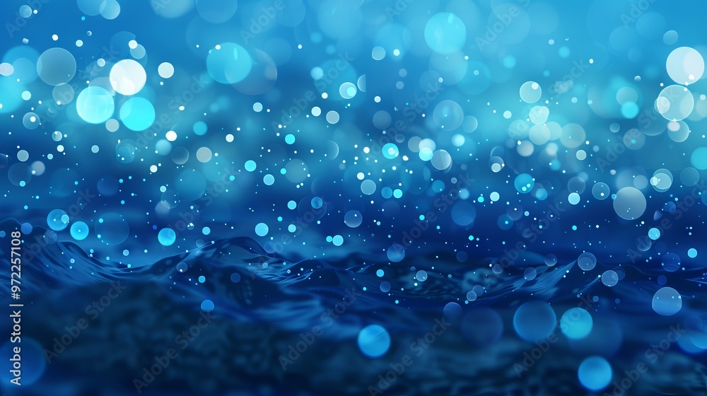 Poster underwater bokeh effect with soft blue gradient background, creating a tranquil and dreamy aquatic a