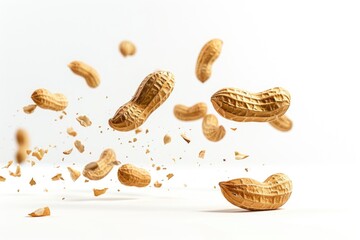 A close-up shot of peanuts in mid-air, creating a sense of movement and action