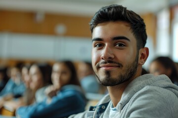 Fototapeta premium A man sits among a crowd of people, addressing them with confidence