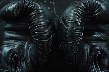 A pair of worn black leather boxing gloves sit on a table or shelf