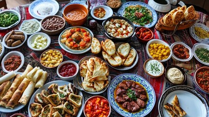 Fototapeta premium Turkish breakfast photo in traditional colors, taken in Üsküdar, Istanbul, Turkey (Turkiye)