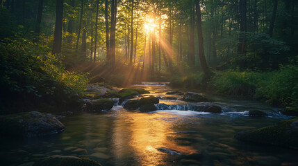 Fototapeta premium Serene forest stream with sunlight filtering through trees. A peaceful woodland stream surrounded by lush greenery and illuminated by soft sunlight filtering through the trees.