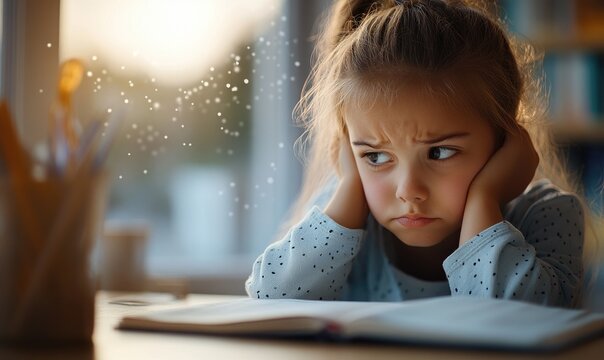 Upset Schoolgirl in Uniform at Desk with Sunlight Through Window