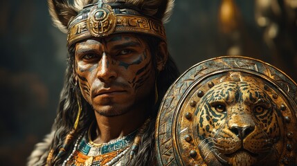 Fototapeta premium Indigenous warrior with face paint holding jaguar-themed shield in traditional attire outdoors