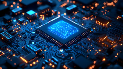 3D Render of a Circuit Board with a Blue Glowing Processor Chip in the Center and Orange Glowing Lights