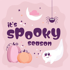 A Halloween poster with a ghost, pumpkins, a spider, and the moon on a pink background