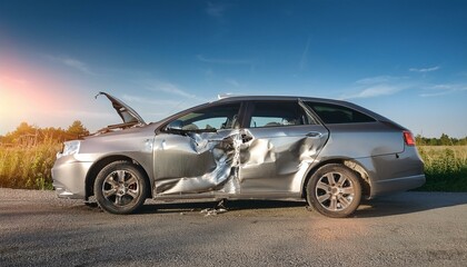 Fototapeta premium Damaged silver car side view