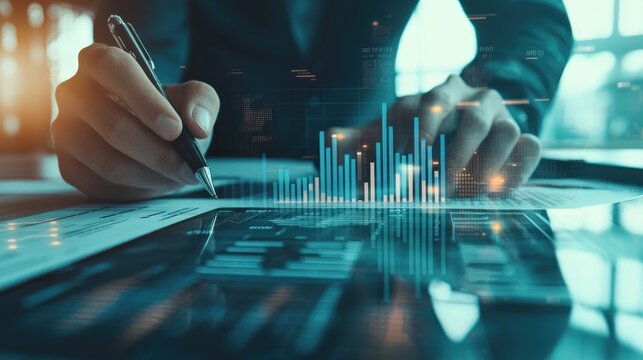 Close-up shot of an analytical working with the latest financial results Financial accounting sales forecast graphs analysis with hand writing , digital effect abstract for background , Generative AI.