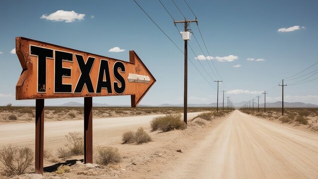 Landscape photograph of a dilapidated rural road sign with the word "TEXAS" in bold black capital letters. - Powered by Adobe