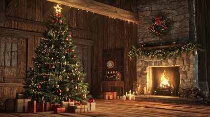 Rustic Cabin Christmas with Decorated Tree, Stockings, and Stone Fireplace for Holiday Design