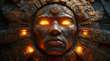 Ancient stone face with glowing eyes in aztec-inspired design, symbolizing mystery and power