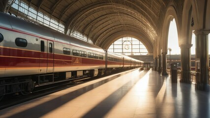Inside a former railway station with vaulted ceilings and illuminated platforms, the city's architecture and railway infrastructure are showcased.