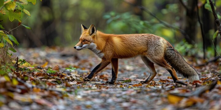 A red fox encountered on a forest path was startled and quickly withdrew as the photographer came closer, revealing the fox's natural habitat and elusive nature.