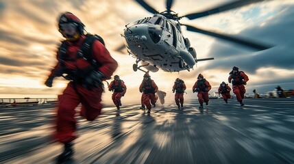 Emergency Team Running to Helicopter for Rescue Mission. Rescue team members in red uniforms run towards a helicopter, preparing for a fast-paced rescue operation under a dramatic sky.