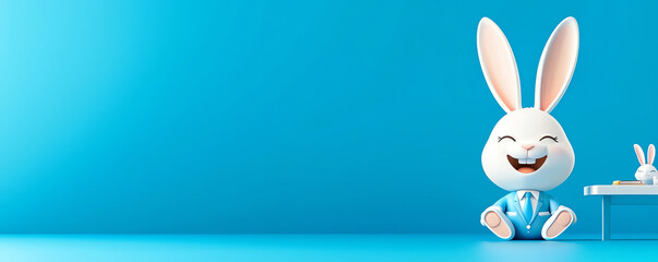 Obraz premium A cheerful cartoon rabbit character sits in a bright blue room, perfect for playful and whimsical designs.