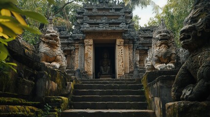 Obraz premium A stone temple entrance flanked by guardian statues, leading to a serene interior.
