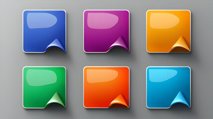 Six Glossy Colorful Square Buttons with a 3D Rounded Corner Effect, Arranged in a Two by Three Grid, on a Grey Background