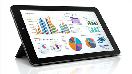 A digital tablet displaying a business dashboard with graphs and statistic
