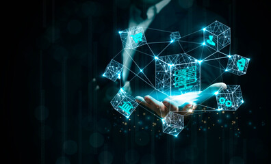 businessman showing a smart contract and executing a cryptocurrency transaction with blockchain...