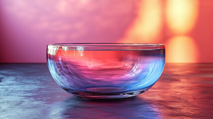 A glass bowl filled with water reflects a vibrant pink and orange background.
