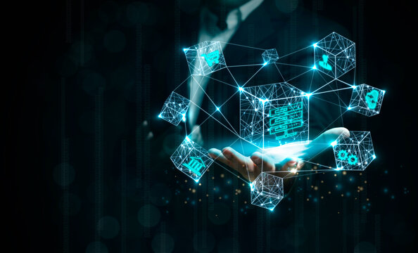 businessman showing a smart contract and executing a cryptocurrency transaction with blockchain technology. The transaction is secure and transparent, and there are other people in the background.