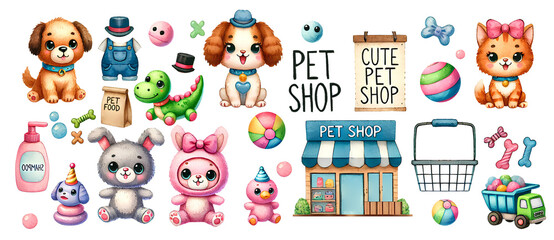 Fototapeta premium clip art of various types of pet shop pet toys in different styles and poses