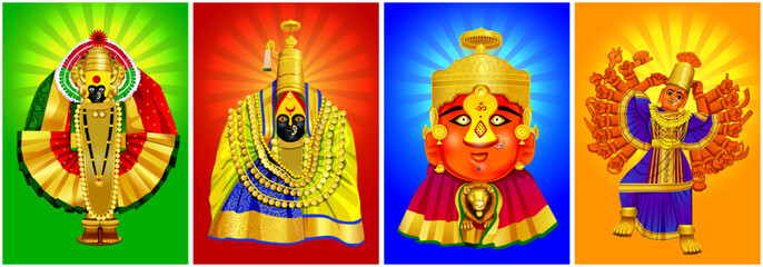 Set of Three and a half Shakti Peethas in maharastra. Goddess mahalaxmi, tuljabhavani, renuka, saptashrungi illustration for Happy Durga Puja offer, Discount, Sales Tags, Print, Banner, Web Banner