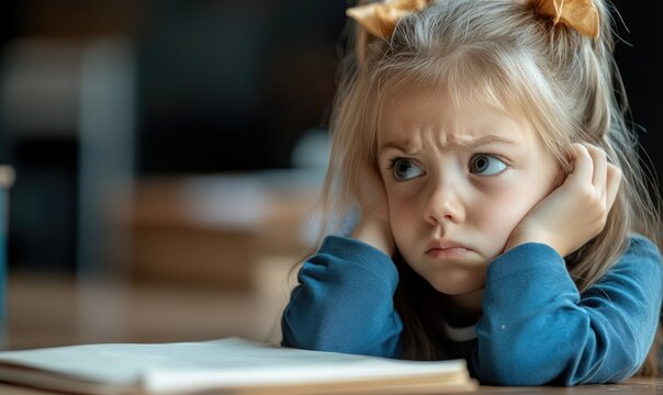 Upset Schoolgirl in Uniform at Desk with Sunlight Through Window
