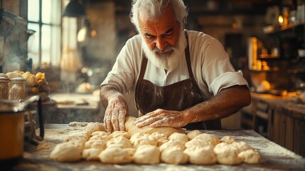 Elderly white man baking bread indoors with floury hands in a rustic kitchen