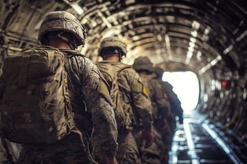 Soldiers in tactical gear embark on a military aircraft, preparing for their mission with determination and focus.