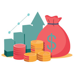 Business investment vector illustration concept in flat style including coins, money, graphs